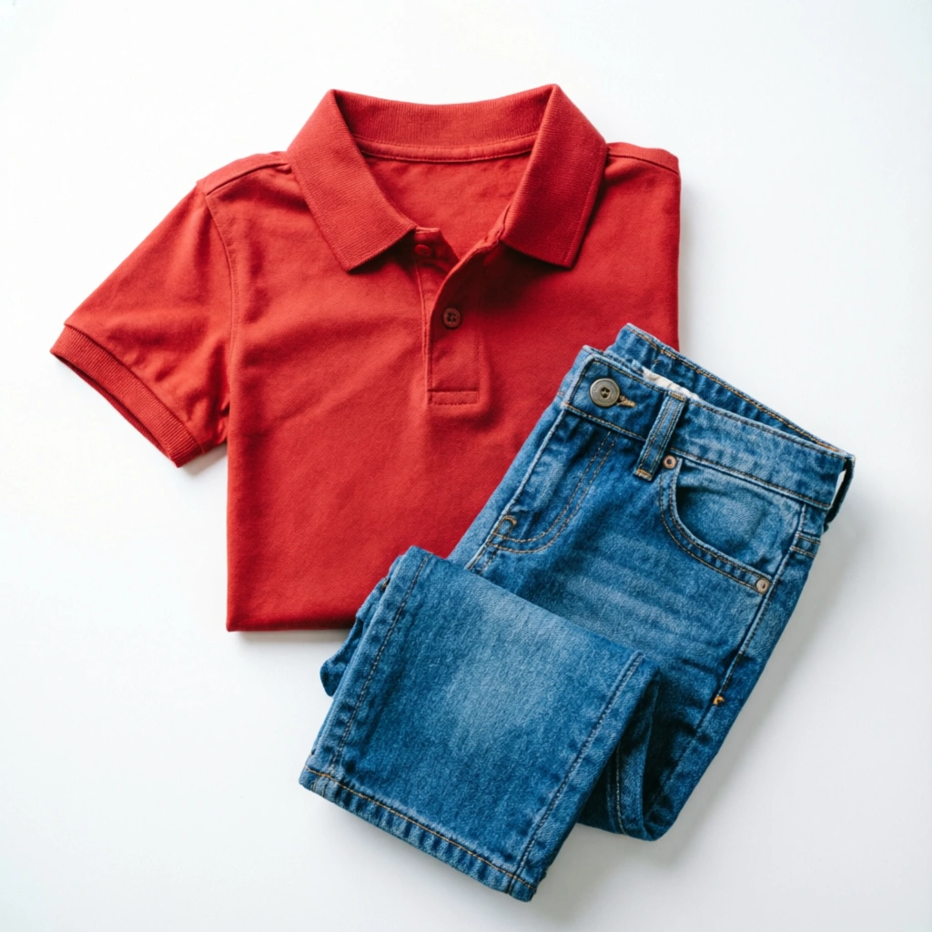Coral Polo Shirt and Denim Jeans trendy outfit for boys