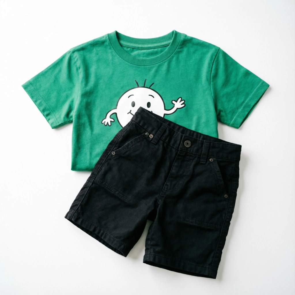 Green Graphic Tee and Black Cargo Shorts cute boys outfit