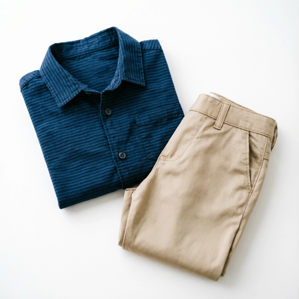 Navy Striped Shirt and Beige Pants boys daily wear outfit