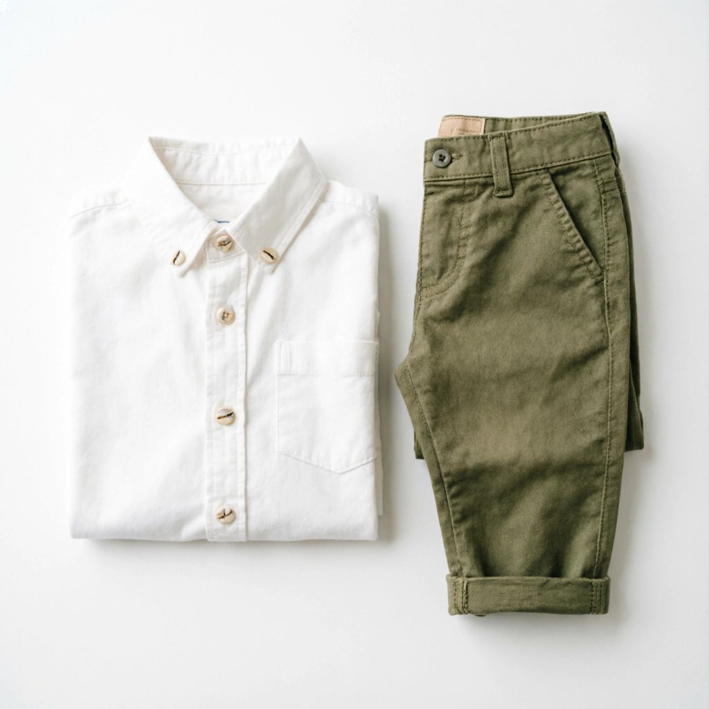 White Button Down Shirt and Olive Chinos stylish boys outfit
