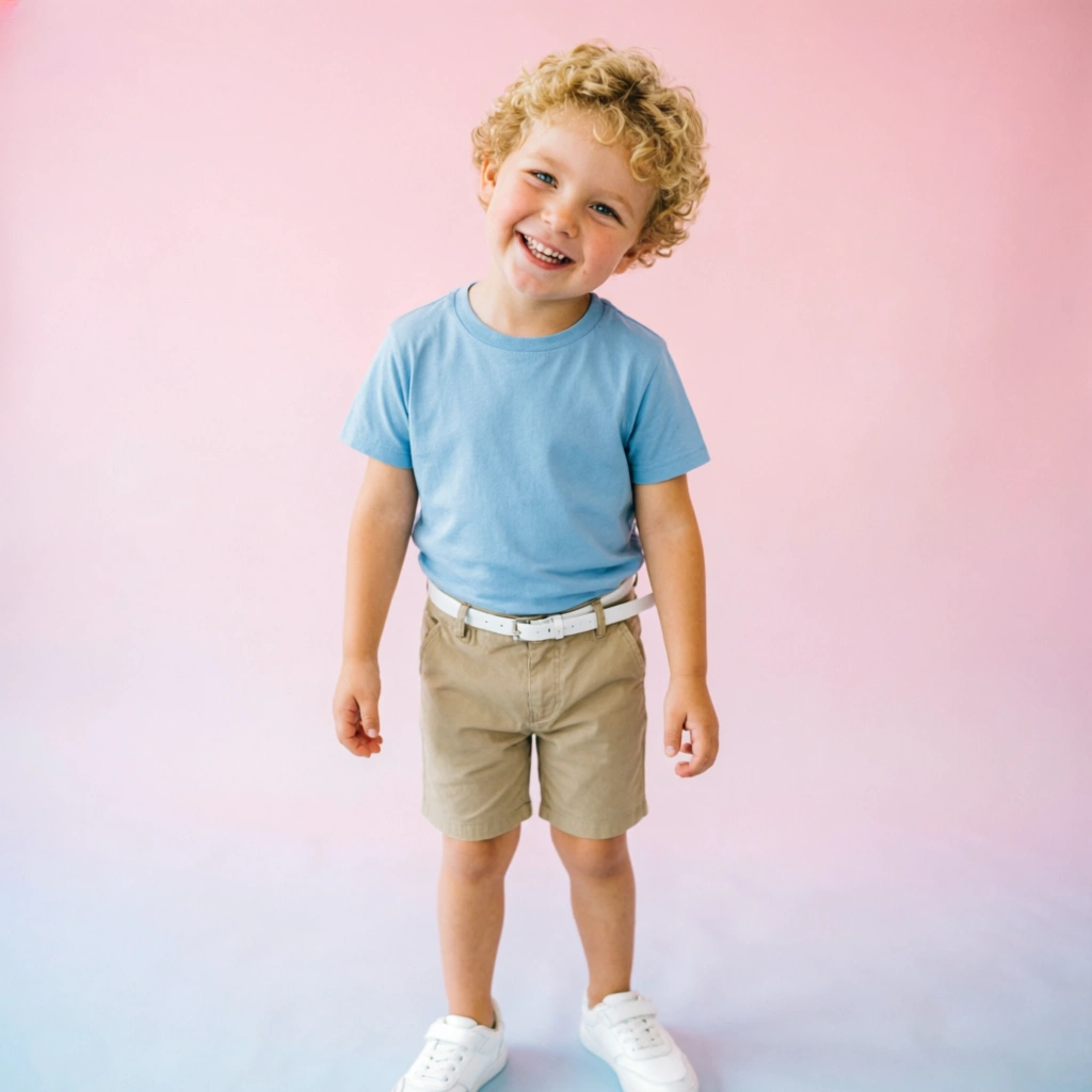 Cheerful boy in blue t-shirt and khaki shorts casual outfit