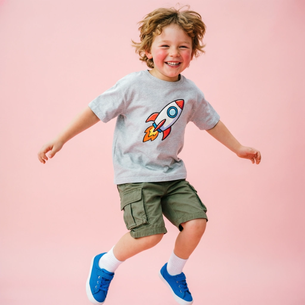 Excited boy jumping in graphic tee and cargo shorts casual outfit