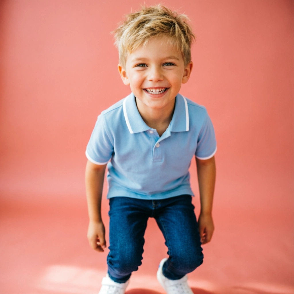 Happy boy wearing trendy coral polo and jeans outfit