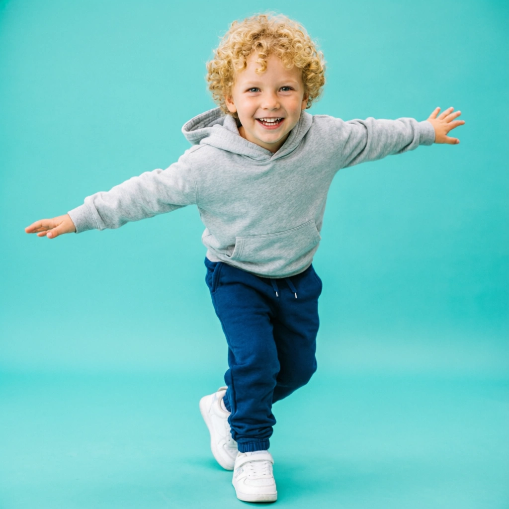 Joyful boy in gray hoodie and navy joggers everyday outfit