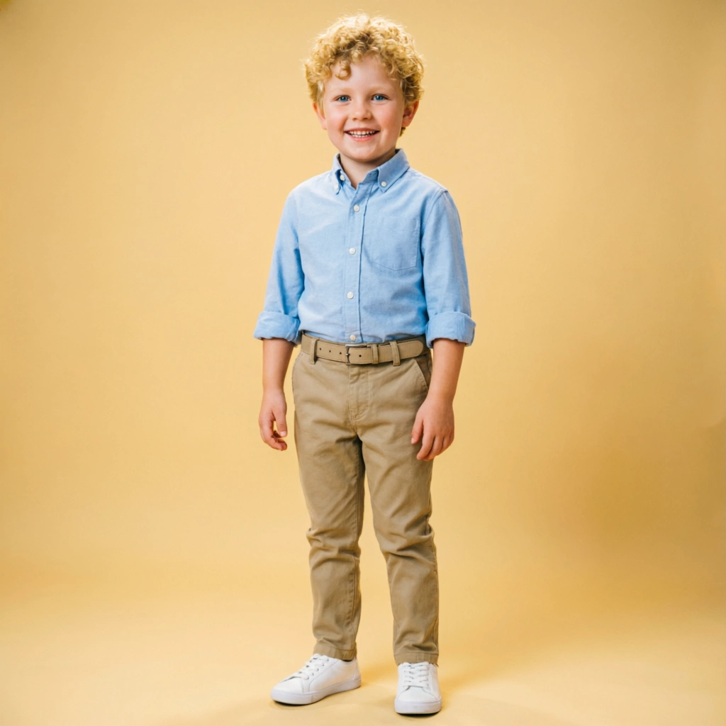 Smiling boy in blue button down shirt and khaki pants stylish outfit